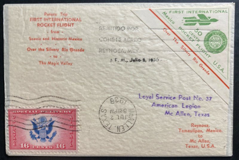 1936 Reynosa Mexico First Rocket Flight cover FFC To Mcallen TX Usa Rio Grande 