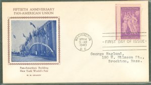 US 895 (1940) 3c Pan American Union/50th Anniversary (single) on an addressed(typed) First Day Cover with a Grandy cachet