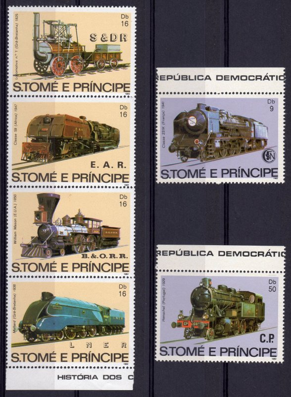 St.Thomas and Principe 1982 Sc#686/688 LOCOMOTIVES Strip 4+2 Stamps MNH