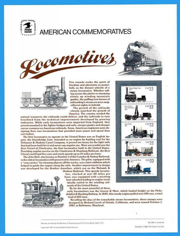 USPS COMMEMORATIVE PANEL #306 LOCOMOTIVES #2366A