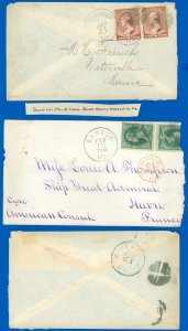 US LOT/3 MAINE Covers, Bangor-France, Gardiner, Fancy Cancels, 1870s, 3¢ Greens!