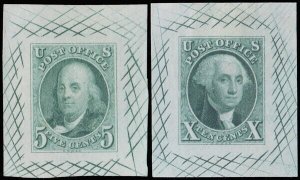 1847, 5¢ and 10¢ Blue Green Trial Die Large Proofs on Bond Paper #1TC1bf, 2TC1bf