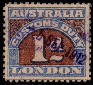 1890's Australia London 1d Customs Duty Used September 6, 1912 Cancel