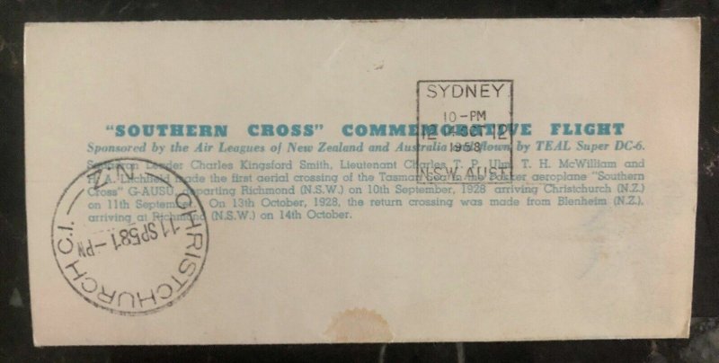 1958 Sydney Australia First Flight Postcard Cover FFC To Wellington New Zealand