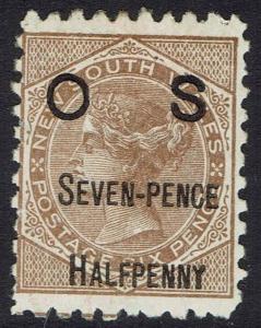 NEW SOUTH WALES 1891 QV OS SEVEN- PENCE HALFPENNY ON 6D 