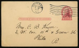 USA #UX33 Jefferson Stationery Card 1921 Chicago to Philadelphia 3c Postage