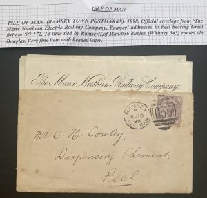 1898 Ramsey Isle Of Man England Cover to Peel Manx Railway Company W Letter