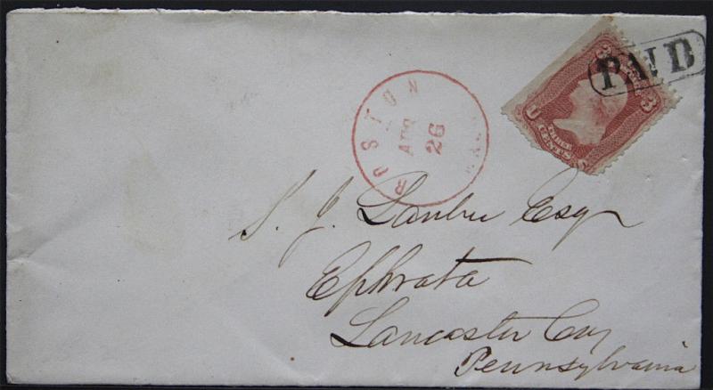 Cover - Sc# 65 with Red Boston Cancel & Paid Killer to Ephrata Pa  S254