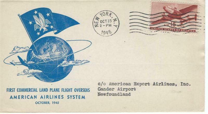 First FAM Airmail Flight Cover New York NY - Gander Nwfld 10/23/1945 AAMC#F24-1a