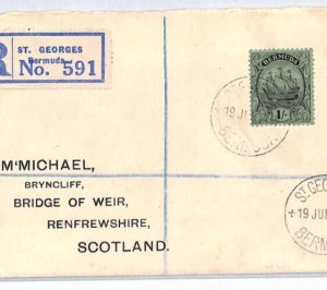 BERMUDA KGV Cover 1s SHIP *St Georges* 1928 Reg'd Scotland Bridge of Weir YJ127