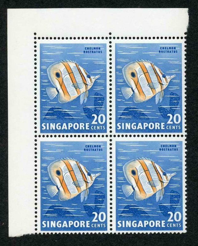 Singapore SG71b 20c variety Nick in Fin (1/1) in U/M Block Cat 21.75 pounds