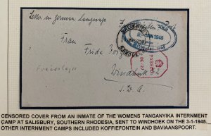 1945 Tanganyika Women’s Interment Camp Southern Rhodesia Cover To Windhoek SWA