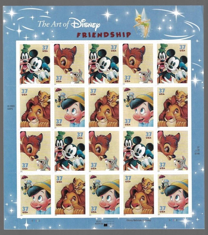 US 3868a (3865 - 3868) - Pane of 20 - 37¢ Stamps. DISNEY - Friendship FREE SHIP!