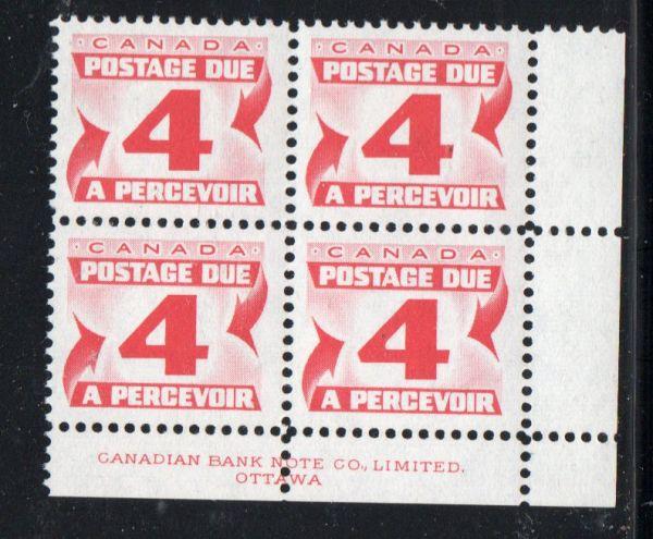 Canada Sc J24 1967 4c postage due stamp plate block of 4 LR mint NH