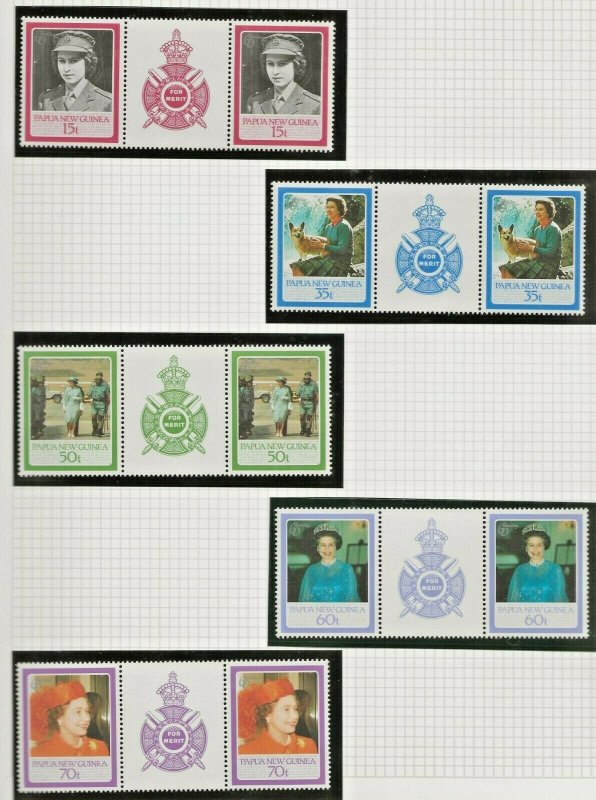 PAPUA NEW GUINEA 1986 60TH BIRTHDAY QUEEN ELIZABETH ,GUTTER PAIRS SET OF 5 PERF