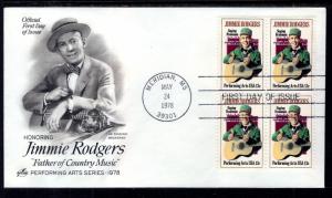 US 1755 Jimmie Rodgers Block of Four Artcraft U/A FDC