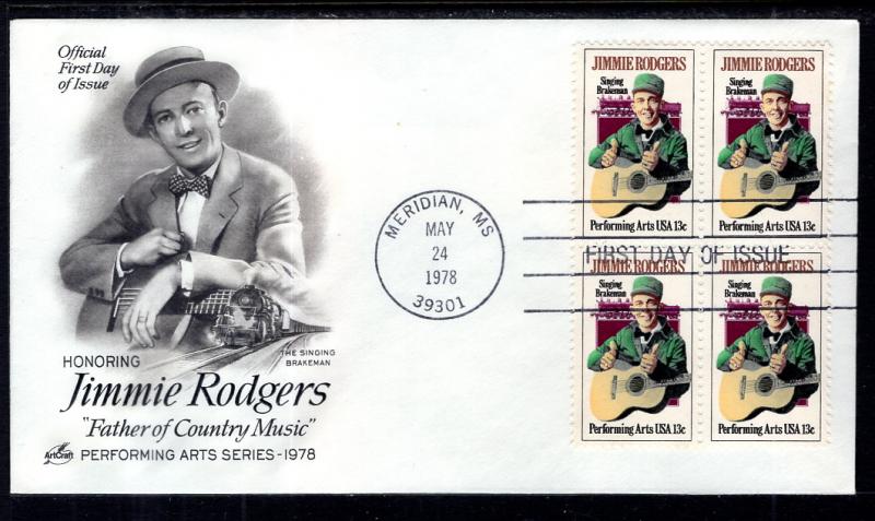 US 1755 Jimmie Rodgers Block of Four Artcraft U/A FDC