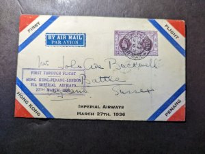 1936 British Hong Kong Airmail First Flight Cover FFC to Battle Sussex England