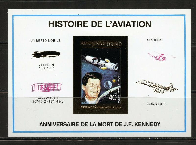 CHAD HISTORY OF AVIATION  JOHN F. KENNEDY GOLD FOIL NUMBERED DELUXE SHEET MINT