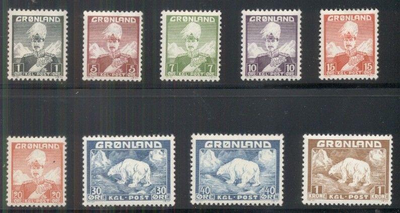 GREENLAND #1-9 (1-9) King Christian X/Polar Bear set LH, VF, Scott $36.00
