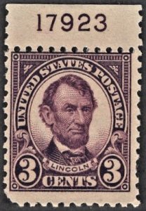 US 555 MNH F 3 Cent Lincoln Plate # 17923 Single **Hinge Mark in Selvage Only***