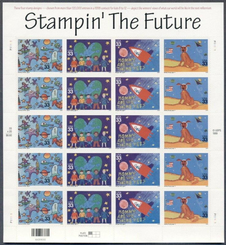 US: 1999 STAMPIN' THE FUTURE; MNH Sheet Sc 34114-17, Children's Art