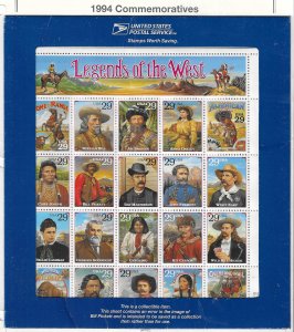 US #2870 1994 LEGENDS OF THE WEST (RECALLED) SHEET-ORIGINAL USPS PACKAGE MINT NH