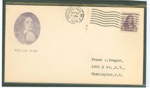 US 724 1933 3c William Penn arrives in America. 250th anniversary (single) on an addressed (typed) FDC with a Gorham cachet and