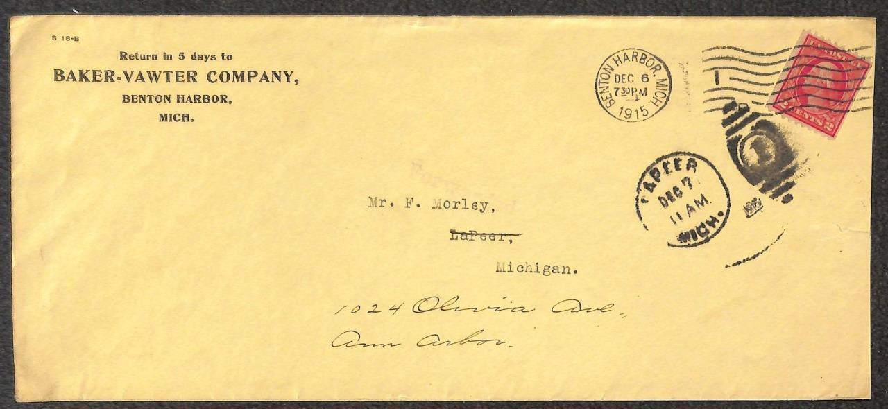 USA 449 Coil Stamp Benton Harbor to ANN Arbor Michigan BakerVawter