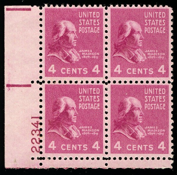US #808 PLATE BLOCK, SUPERB mint never hinged, 4c Madison, stock photo,   SUP...