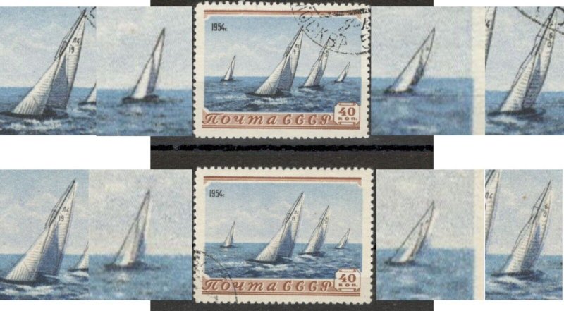 RUSSIA - 2 USED STAMPS - SAILING - SPORT - PLATE ERROR - 1954.