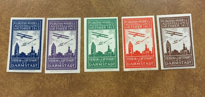 Germany 1913 Darmstadt Air Show 5 Cinderellas Poster Stamp labels w/  biplanes