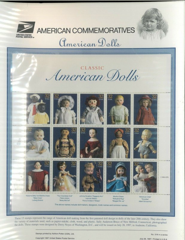 USPS COMMEMORATIVE PANEL #518 CLASSIC AMERICAN DOLLS #3151