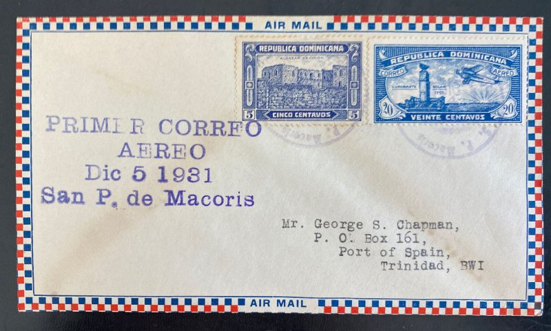 1931 Dominican Republic First Flight Airmail Cover FFC To Port Spain Trinidad 