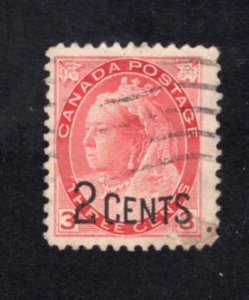 Canada 1899 2c on 3c carmine surcharge, Scott 88 used, value = $6.00