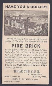 Ca1883 BOSTON MA, PORTLAND STONE WIRE CO ADV FIRE BRICK, TERRA COTTA ETC, SCARCE