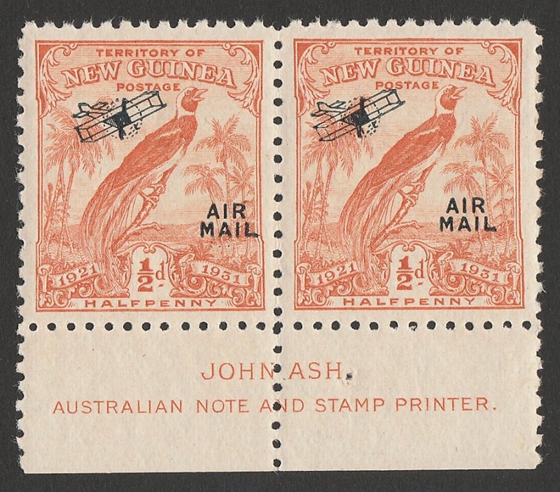 NEW GUINEA 1931 Dated Bird Airmail ½d pair with imprint. MNH **. 