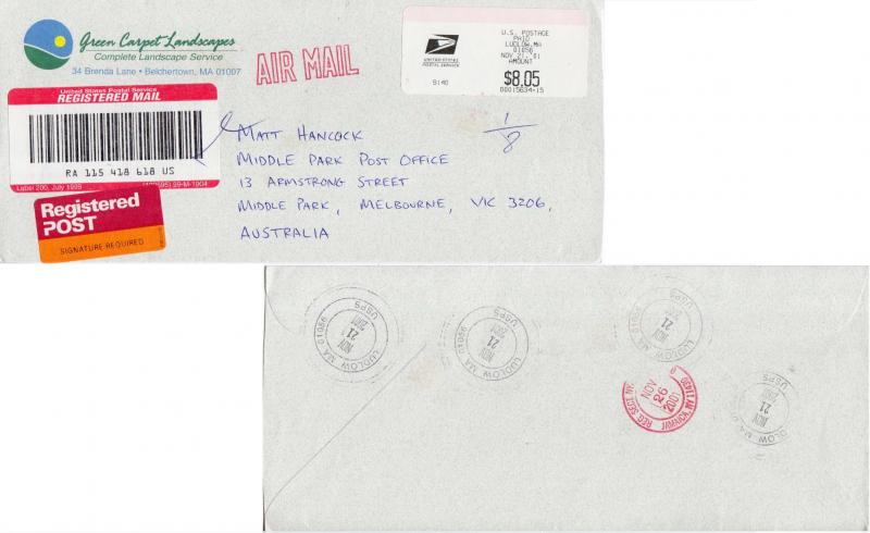 Meters $8.05 Meter 2001 Ludlow MA 01056 USPS Airmail Registered to Melbourne,...