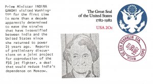 US EVENT ADD-ON COVER PRIME MINISTER INDIRA GANDHI GREAT SEAL OF THE U.S. 1982