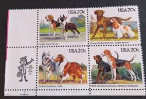 U.S.#2101a Dogs 20c Zip Block of 4, MNH.