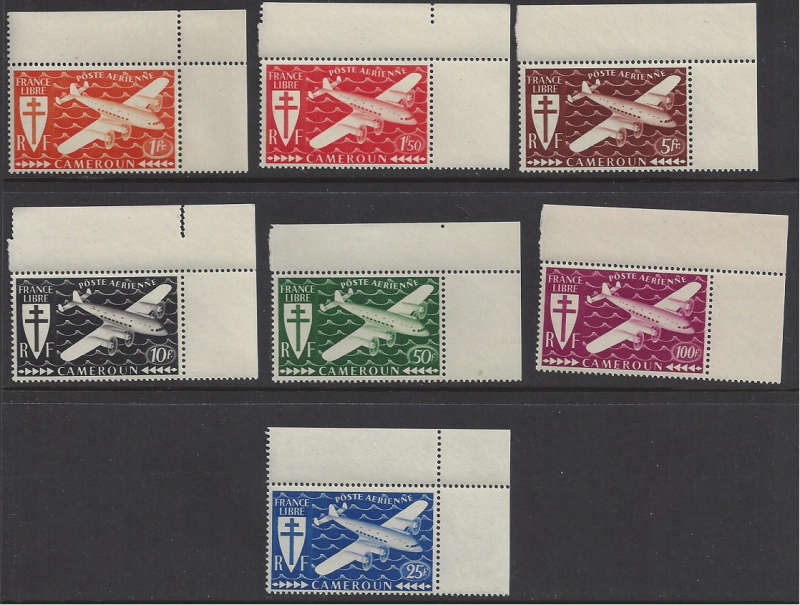 Cameroon #C1-7 MNH set, Cross of Lorraine & four motor plane, Issued 1945