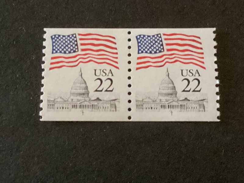 US #2115c 22c coil pair “T” at bottom F-VF centered some gum disturbance