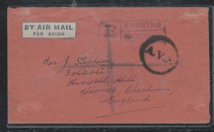 SARAWAK (P0701B) 1947 12CX5+5C REG AV2 LETTER TO ENGLAND.  VERY NICE