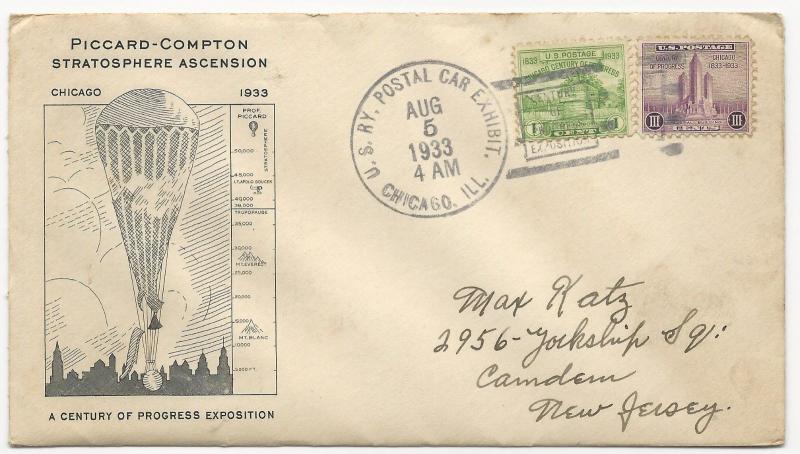 US Crash Cover Startosphere Ascension US RY Postal Car Exhibit Chicago, IL 1933