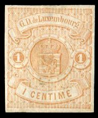 Luxembourg #4 Cat$260, 1860 1c buff, hinge remnant, signed Demuth