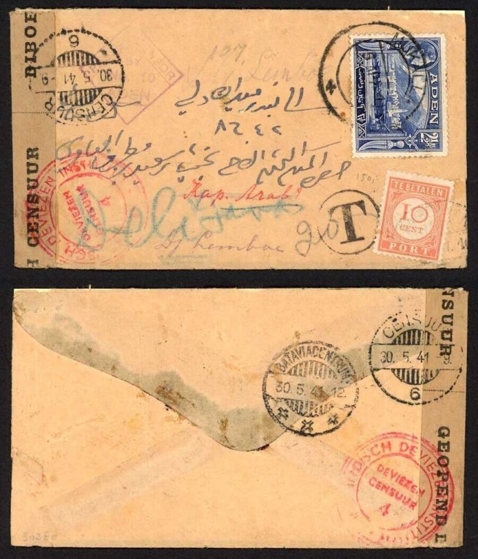 Aden 1941 Censor and Post due cover to Netherlands East Indies