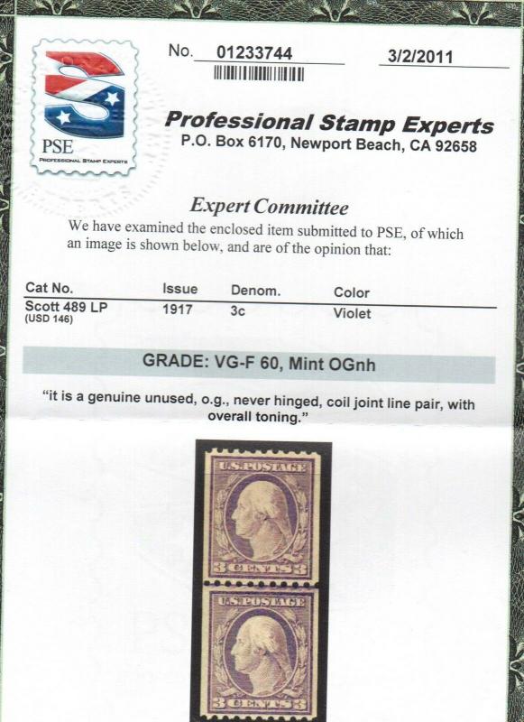 USA #489 VF/NH Line Pair  **With Graded Certificate**
