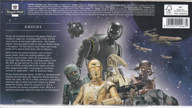 Star Wars 2017 Droids Mint Never Hinged Complete Set of Eight Stamps Ref 28072