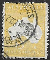 Australia 12 1913  5 sh  fine used w/ sev pulled perfs