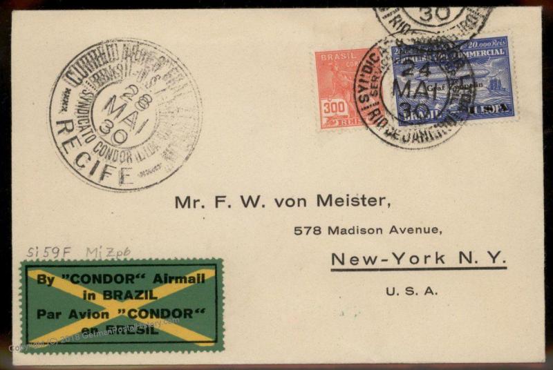 Brazil 1930 Graf Zeppelin Si59F Pan America Flight Cover 90747